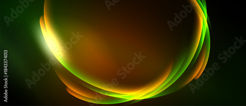 Abstract design features flowing curves, vibrant colors. Green, orange, yellow blend into dark background. Smooth gradients create dynamic visual effect.