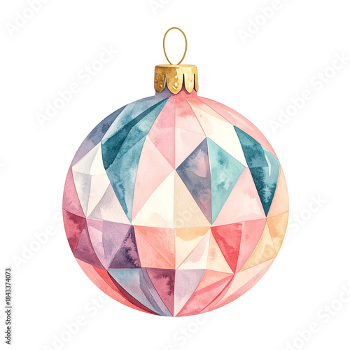 Colorful geometric watercolor Christmas ornament with festive texture and golden hanger evoking joyful holiday warmth