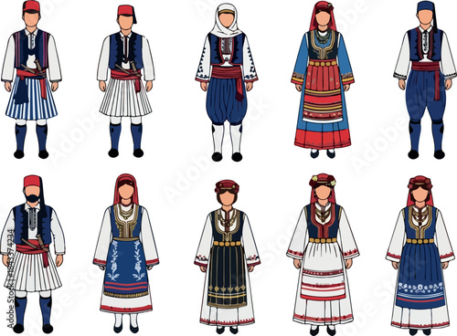 Traditional Greek clothing from various regions of Greece, showcasing diverse folk costumes