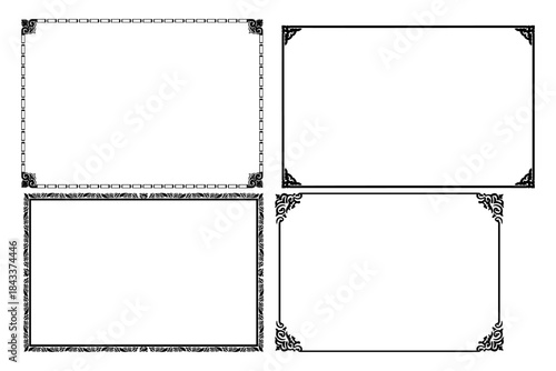 Set of four black and white decorative frames with ornate corners and varied border patterns