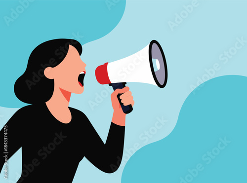 Woman shouting through a megaphone against a blue abstract background
