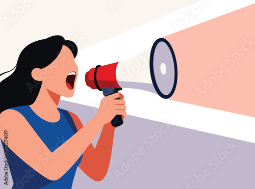 Woman with open mouth yelling through a megaphone with sound wave