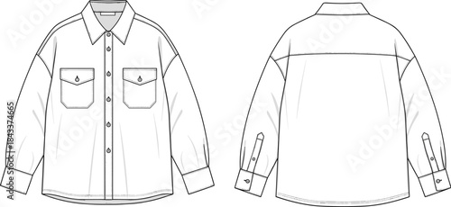Oversized shirt technical drawing, button front fashion flat, long sleeve apparel template, detailed garment sketch illustration, casual pocket shirt CAD