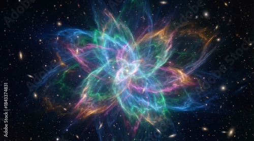 Colorful cosmic nebula explosion with swirling energy in deep space and awe inspiring mood