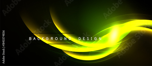 Abstract yellow, green light waves. Dynamic flowing lines create modern background design. Bright energy, smooth curves, dark space.