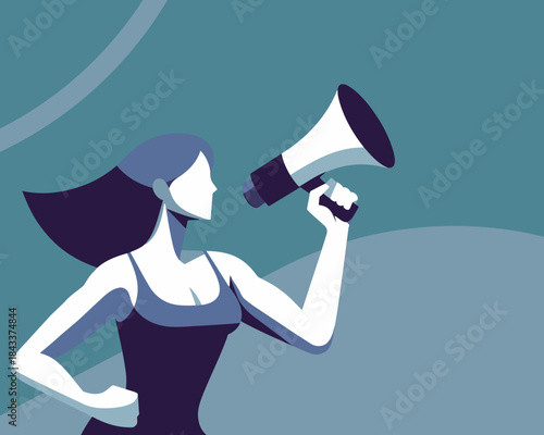 Strong woman holding a megaphone in monochrome blue tones