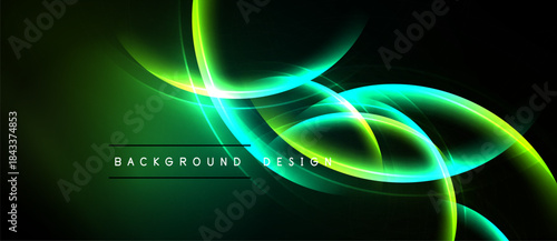 Dark green background features bright neon curves, swirls. Text reads background design. Modern abstract visual presentation.