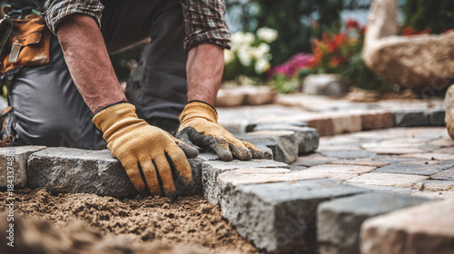 Wallpaper Mural Faceless landscaper man laying interlocking paving stones creating new backyard patio defocused garden background wearing protective gloves work clothes outdoor hardscaping Torontodigital.ca