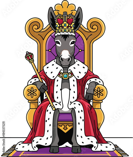 Cartoon donkey king wearing a royal crown and ermine robe sits regally upon a golden throne holding a scepter