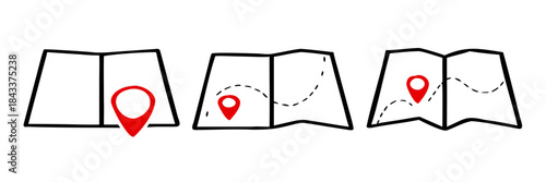 Set of outline map symbols with red pin pointer, direction, label, marker, sign, travel Navigator or guide. vector illustration