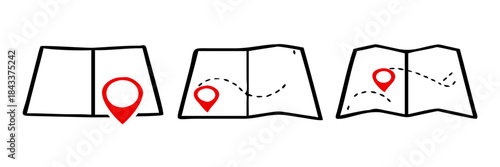 Set of outline map symbols with red pin pointer, direction, label, marker, sign, travel Navigator or guide. vector illustration