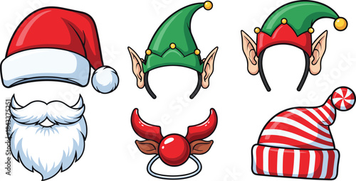 Christmas costume props collection featuring Santa hat, elf hats with ears, beard, reindeer nose, striped winter hat, festive holiday accessories