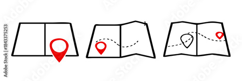 Set of outline map symbols with red pin pointer, direction, label, marker, sign, travel Navigator or guide. vector illustration