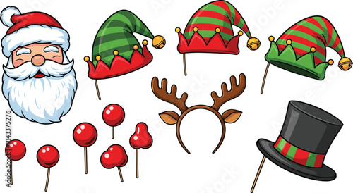 Christmas costume props collection with Santa beard, elf hats, reindeer antlers, lollipop props, top hat, festive holiday accessories set