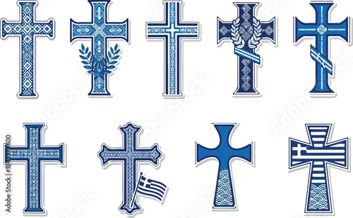 Collection of Blue and White Greek Crosses with Intricate Designs