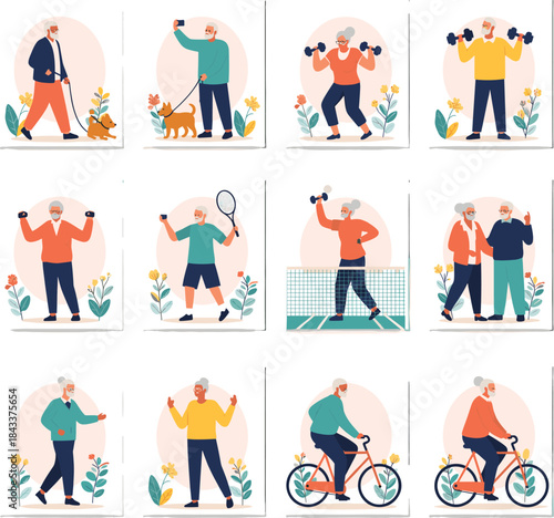 Active senior lifestyle vector illustration set featuring elderly people exercising, walking, cycling, and playing sports for health and wellness themes