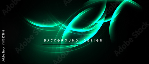 Abstract glowing lines form dynamic curves. Dark background emphasizes bright teal energy, text reads background design. Modern visual element.