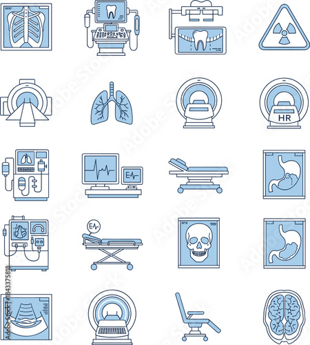 Medical imaging icon vector set featuring X-ray, MRI, CT scan, ultrasound, diagnostics, patient care equipment, and hospital tools