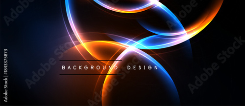 Abstract design features vibrant glowing curves. Dark background emphasizes bright orange, blue, purple light effects. Modern aesthetic.