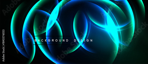 Abstract neon shapes overlap, creating dynamic light effects. Dark background emphasizes vibrant blue, green hues. Modern design element.
