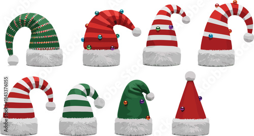 Cute Christmas elf hats collection with stripes, baubles, and fluffy trim, festive winter holiday accessories illustration set for decoration and seasonal designs
