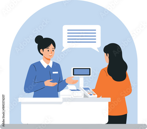 Cashier and customer interaction illustration showing payment processing at checkout counter in retail store with friendly communication