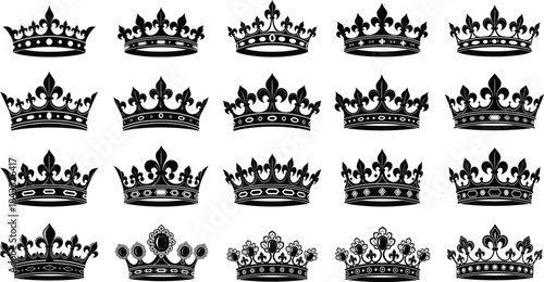 Vintage ornate crown silhouette vector collection featuring royal decorative designs for luxury themes, monarchy symbols, and elegant graphic artwork