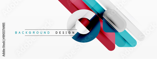 Abstract geometric shapes overlap, creating dynamic visual effect. White background enhances vibrant red, blue, silver elements. Modern design.