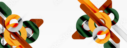 Abstract geometric shapes, orange, green, silver. Minimalist design, clean lines, modern aesthetic. Composition features intersecting forms.