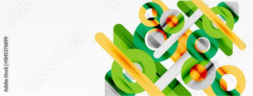 Abstract geometric shapes overlap, creating dynamic composition. Bright colors, clean lines define modern design aesthetic.