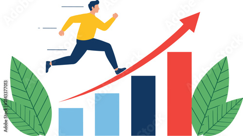Business growth vector illustration featuring a man running upward on rising bar chart with arrow and decorative leaf elements