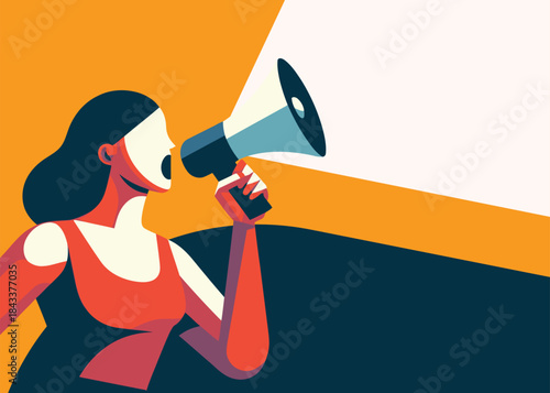 Woman shouting through a megaphone, protest, announcement, vector illustration