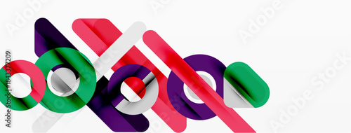 Abstract geometric shapes overlap, creating dynamic colorful composition. Lines, circles, rectangles intersect, forming modern design.