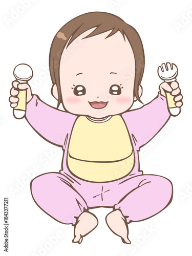 スプーンとフォークを持って喜ぶ赤ちゃん（女の子）