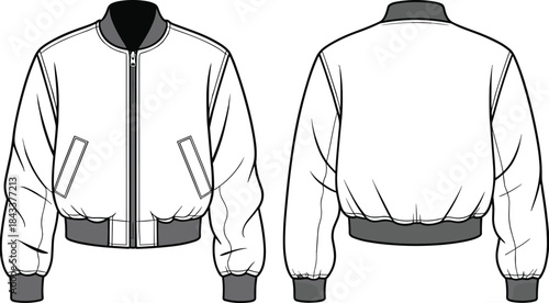 Bomber jacket front and back technical flat illustration, modern unisex outerwear CAD template featuring ribbed cuffs waistband pockets and clean garment detailing