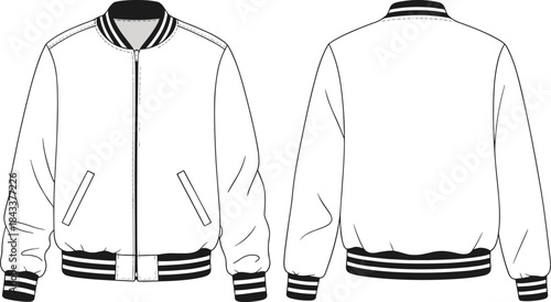 Classic varsity bomber jacket technical flat sketch, detailed front and back view apparel design, ribbed collar cuffs hem vector illustration