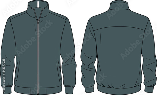 Classic zip front jacket vector, detailed cad drawing flat illustration showing front and back views for fashion designers, apparel templates and outerwear creators