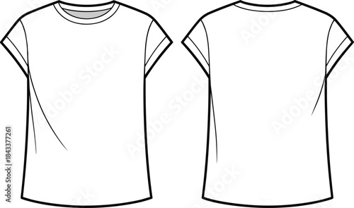 Clean rolled sleeve t-shirt vector template, front and back cad drawing flat illustration for apparel design, clothing mockup and fashion detailing