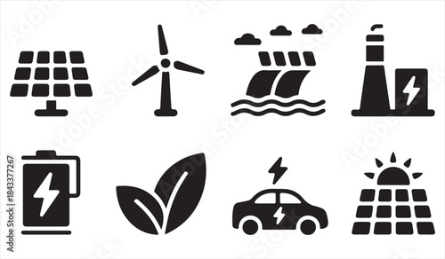 Green energy icons with solar wind battery and electric car