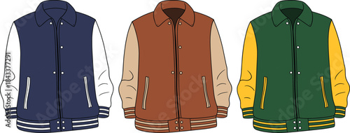 Colorful varsity jacket vector illustration with front view design, detailed apparel cad drawing, stylish sportswear flat sketch for fashion designers and creators