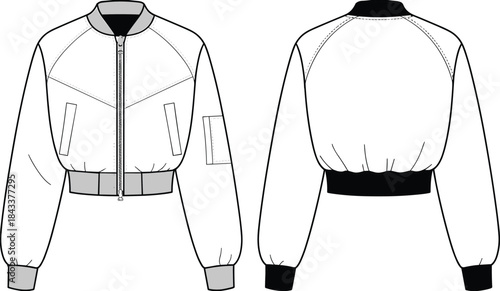 Cropped bomber jacket front and back flat technical illustration, modern womens outerwear fashion CAD template featuring detailed stitching and pocket design elements