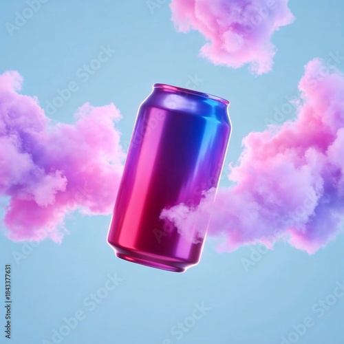 Futuristic soda can illustration, neon pink and blue, strawberry cotton candy clouds on sky blue background