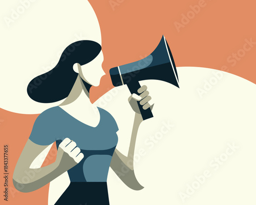 Female activist speaking through megaphone with determined expression in protest