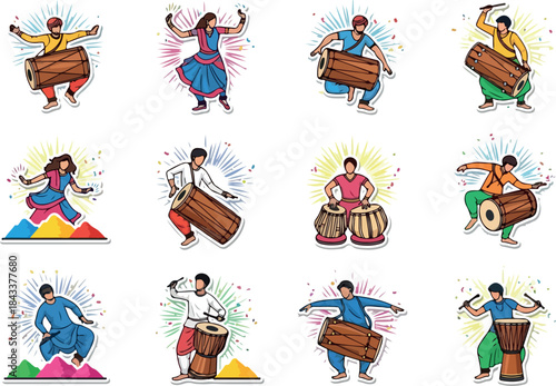 Celebratory Indian Dhol Drumming and Dancing Vector Set