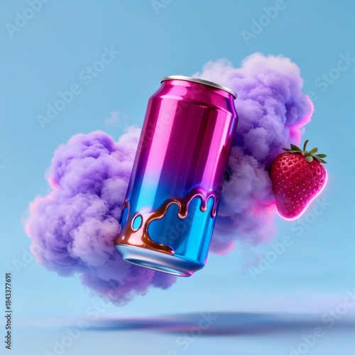 Futuristic soda can illustration, neon pink and blue, strawberry cotton candy clouds on sky blue background
