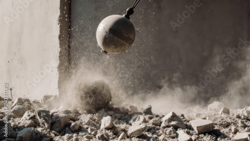 Wrecking Ball Demolishing Building with Dust and Debris.