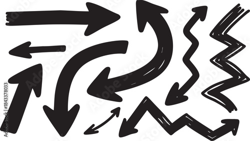 Grunge Hand-Drawn Arrow & Swirl Set: Bold Black Brush Stroke Directional Design Elements 