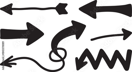 Grunge Hand-Drawn Arrow & Swirl Set: Bold Black Brush Stroke Directional Design Elements 
