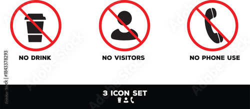 No food or drink, no visitors, and no phone use are prohibited symbols suitable for hospital, clinic, laboratory, or quiet area signage