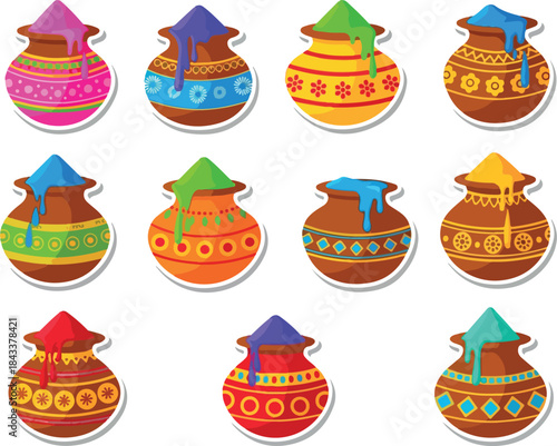 Festive Pots of Colorful Holi Powder for Cultural Celebrations